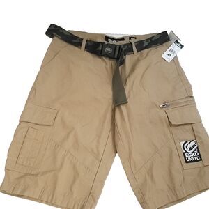 NEW Ecko Unltd size 30 cargo shorts khaki tan belt pockets zip button